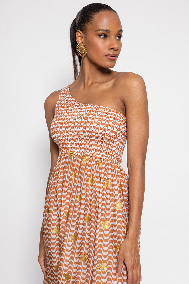 Shirred one shoulder top dress in brown and cream wave print with gold star embellishment