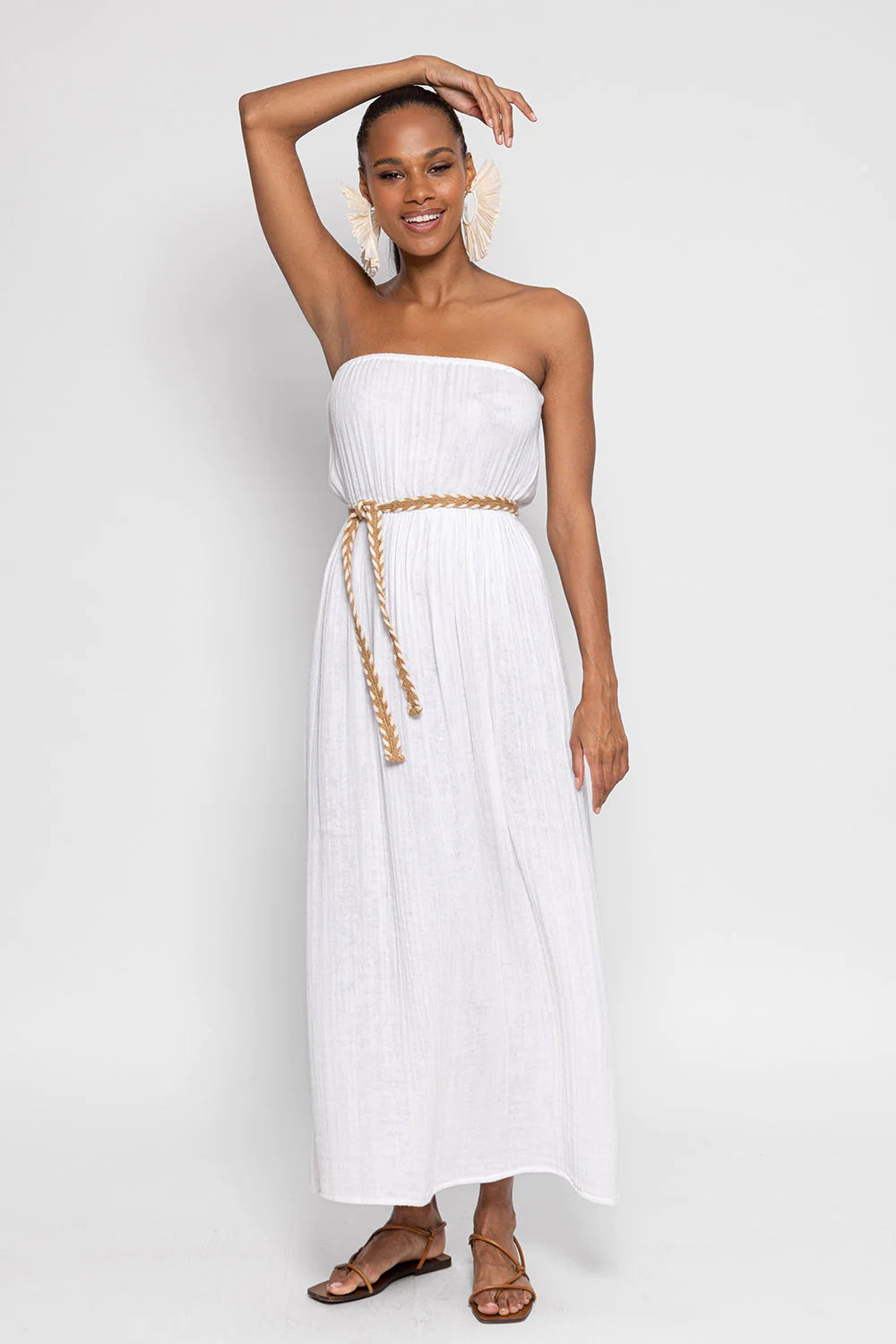 White strapless dress with raffia self tie belt