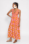 Pink and orange print dress with a smocked top and a V neck