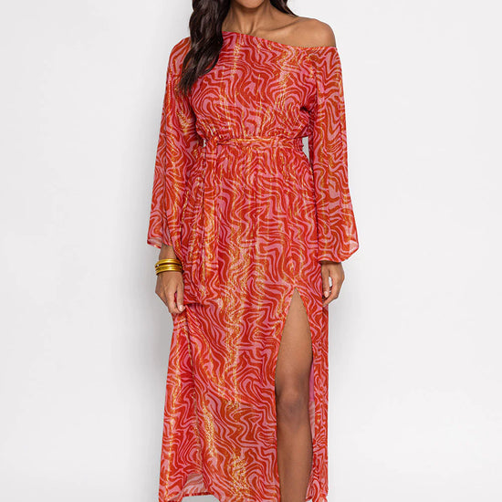 Red and pink graphic print wide round neck long sleeves midi dress with front side split