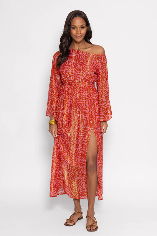 Red and pink graphic print wide round neck long sleeves midi dress with front side split