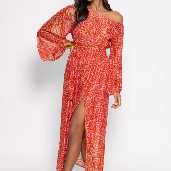 Red and pink graphic print wide round neck long sleeves midi dress with front side split