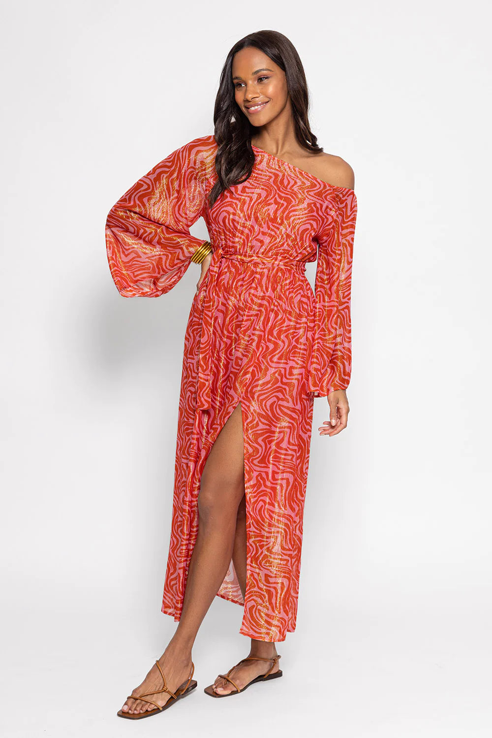 Red and pink graphic print wide round neck long sleeves midi dress with front side split