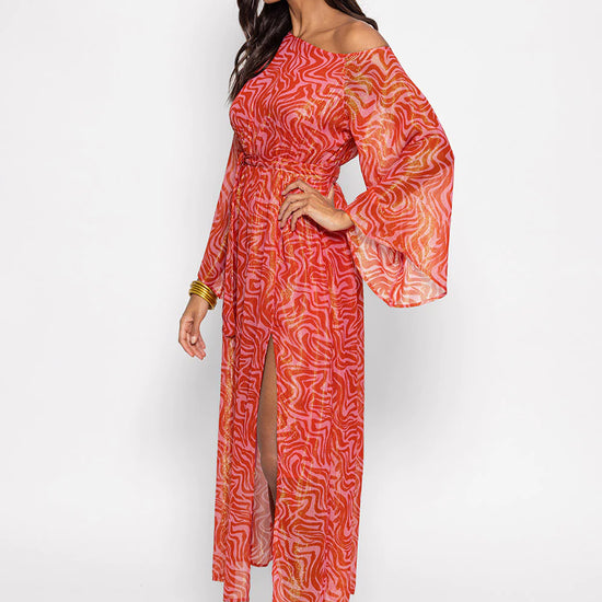 Red and pink graphic print wide round neck long sleeves midi dress with front side split