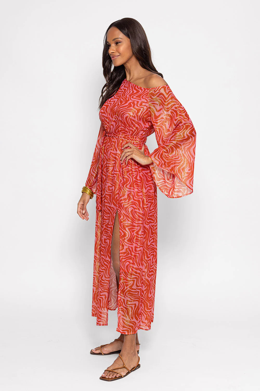 Red and pink graphic print wide round neck long sleeves midi dress with front side split