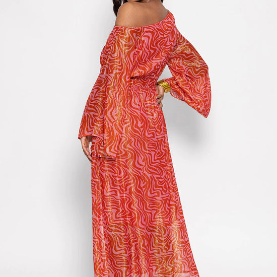 Red and pink graphic print wide round neck long sleeves midi dress with front side split