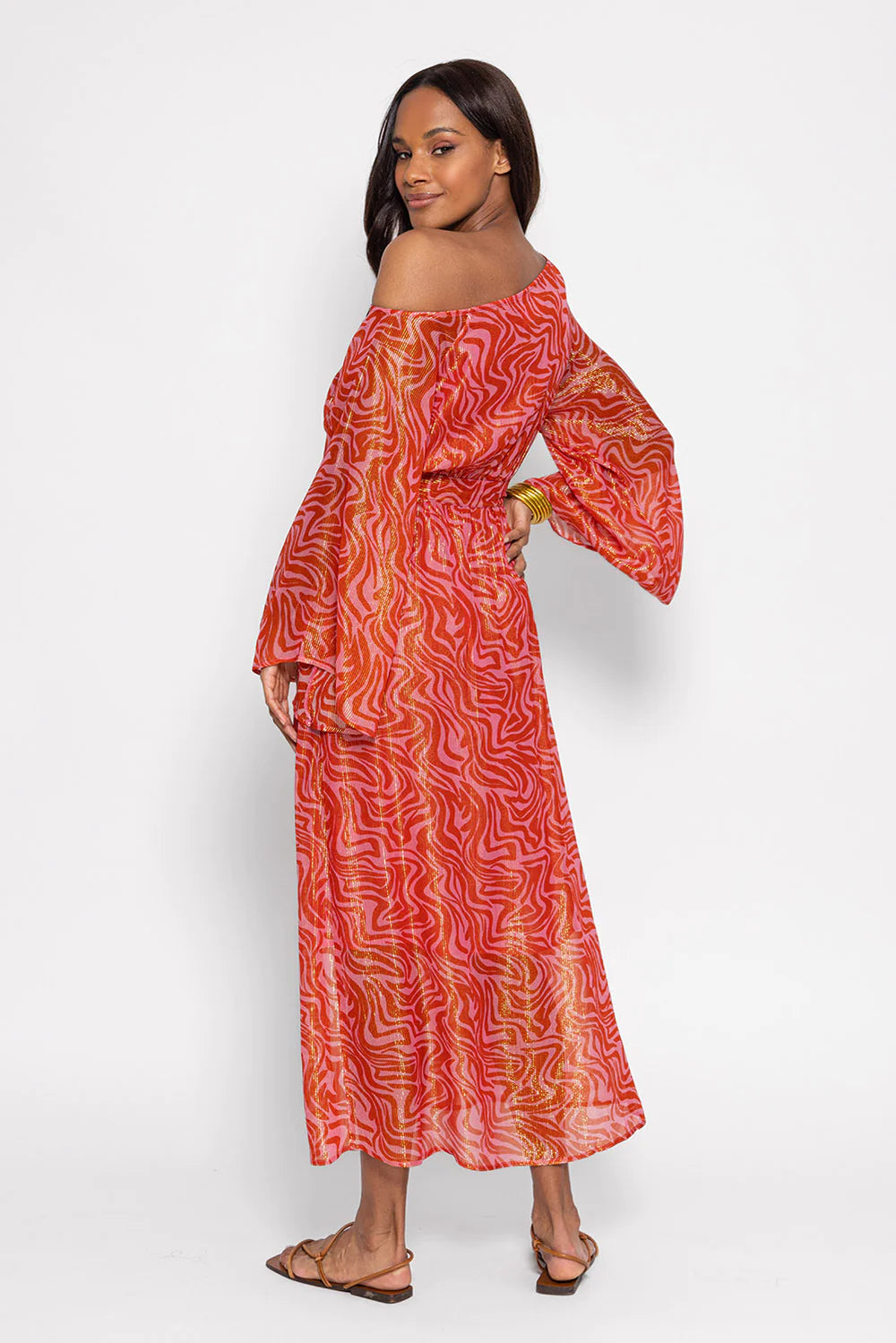 Red and pink graphic print wide round neck long sleeves midi dress with front side split