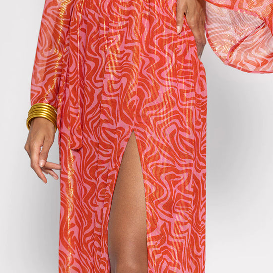 Red and pink graphic print wide round neck long sleeves midi dress with front side split