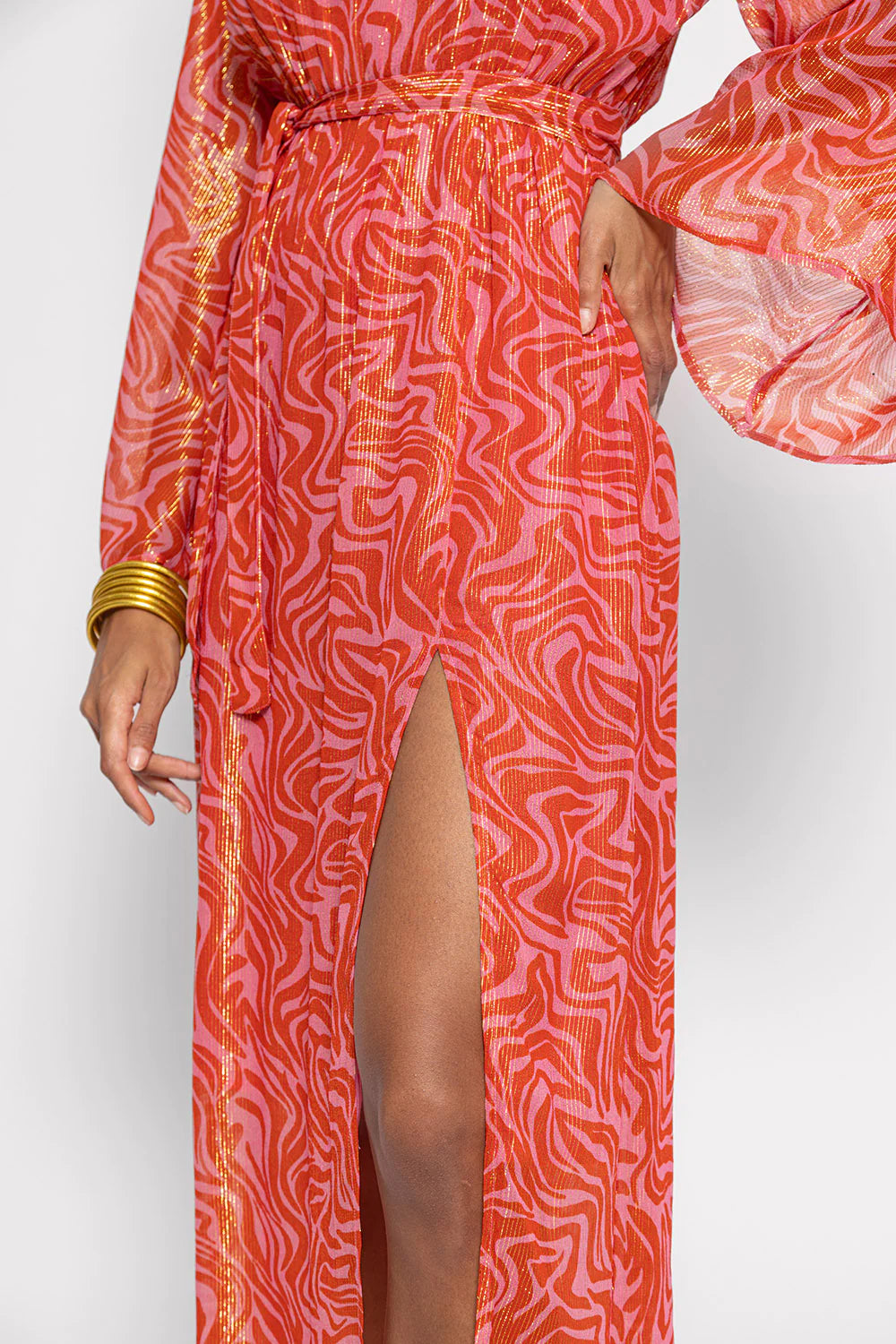 Red and pink graphic print wide round neck long sleeves midi dress with front side split