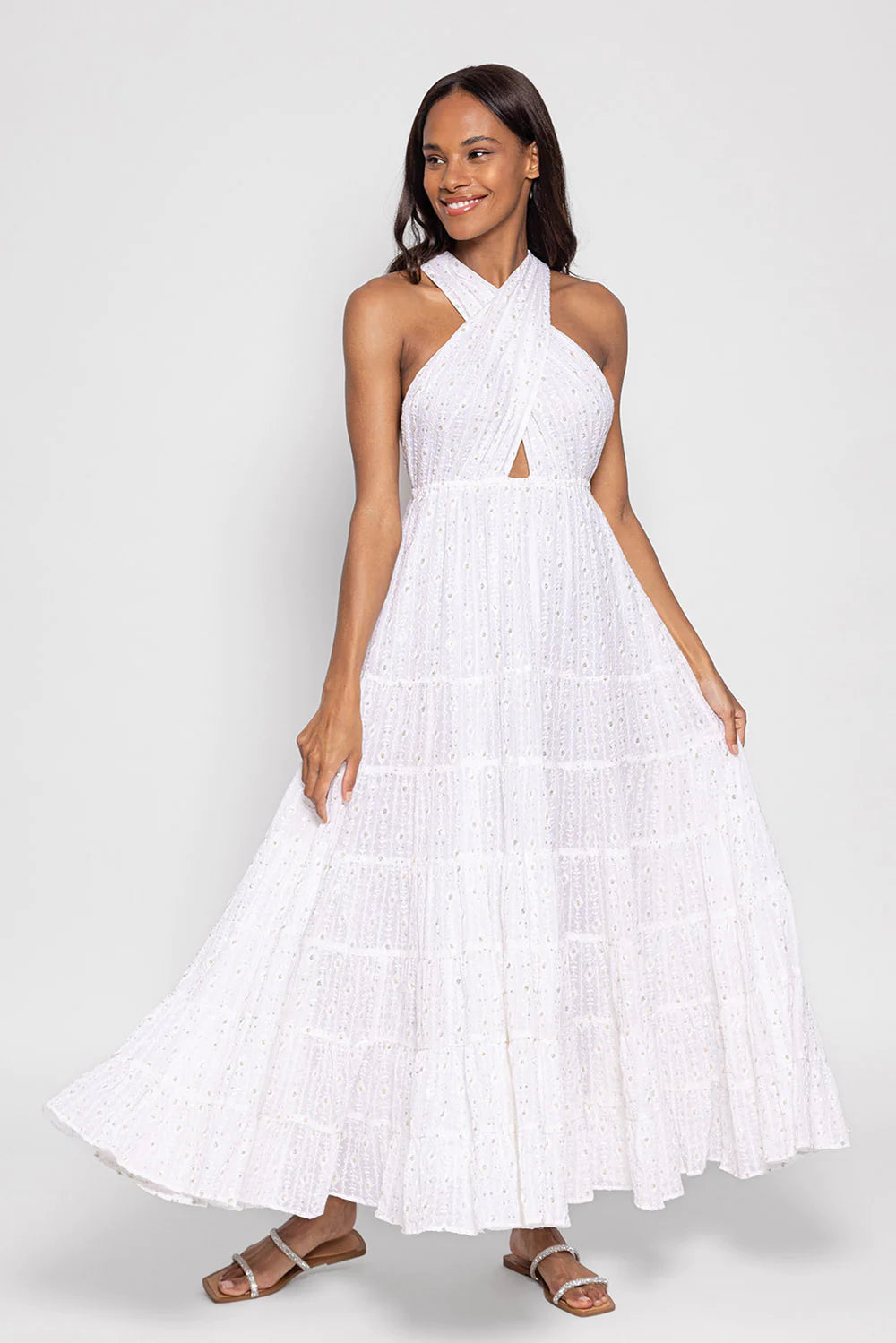 White embroidered cross front and knot back maxi dress with multiple tiers and tiny sequin details