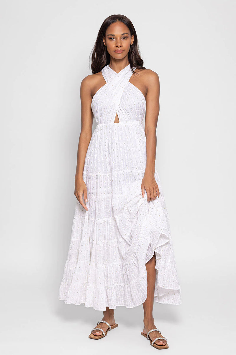White embroidered cross front and knot back maxi dress with multiple tiers and tiny sequin details