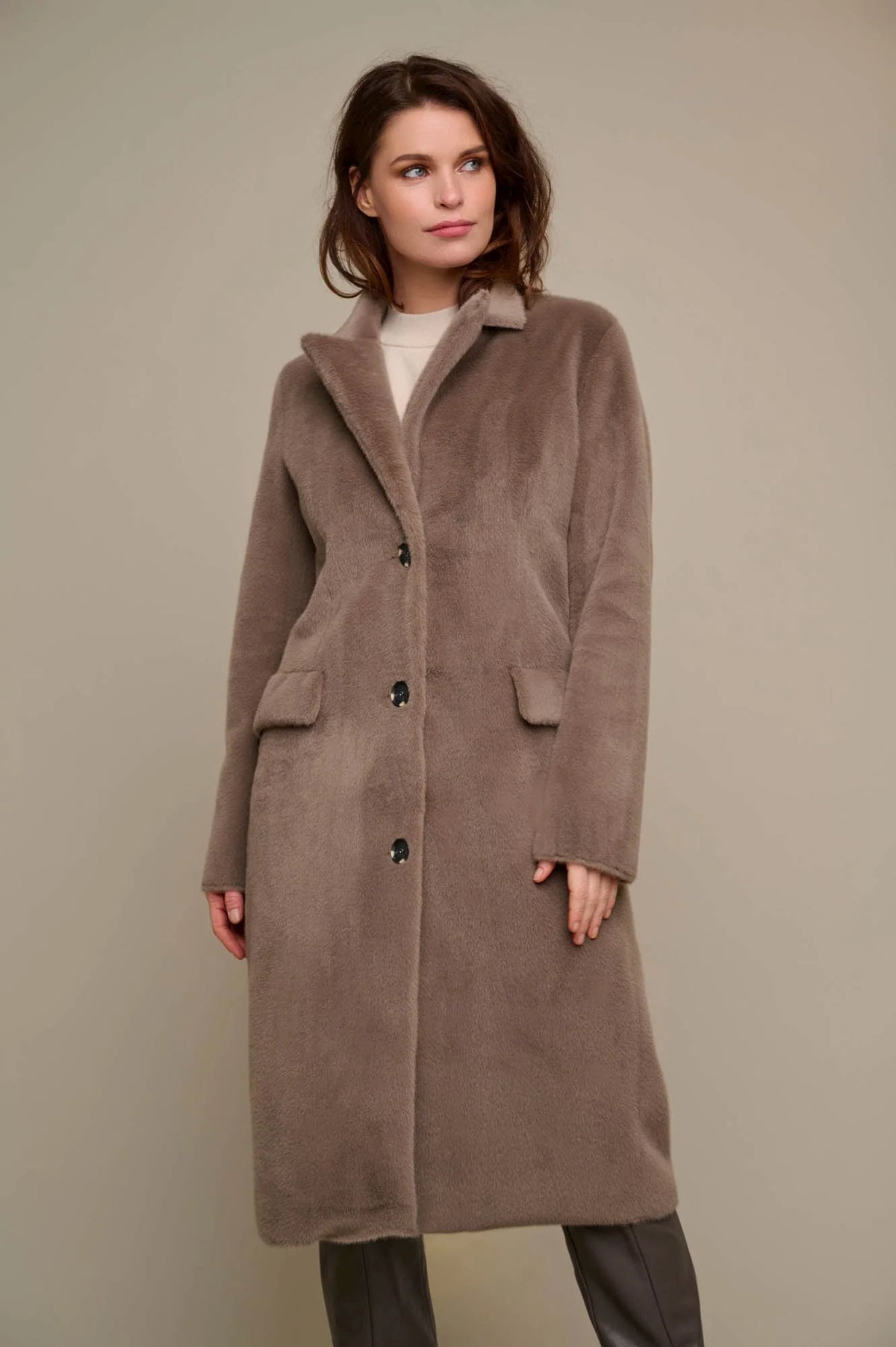 Mid length mushroom taupe single breasted faux fur coat with notch lapel
