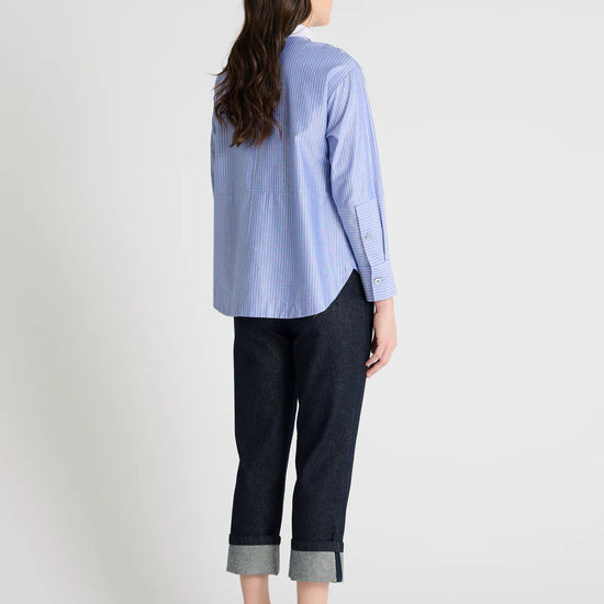 blue pinstripe shirt with a tie and contrasting white collar rear view