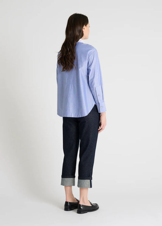 blue pinstripe shirt with a tie and contrasting white collar rear view