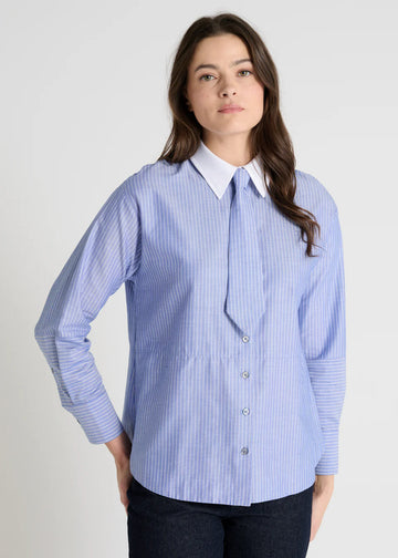 blue pinstripe shirt with a tie and contrasting white collar