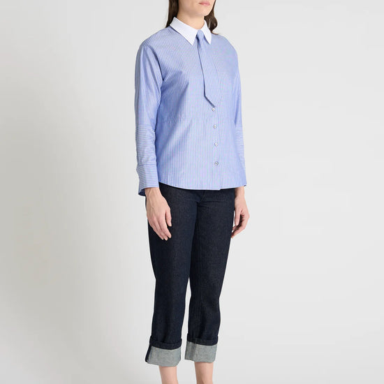 blue pinstripe shirt with a tie and contrasting white collar model shot