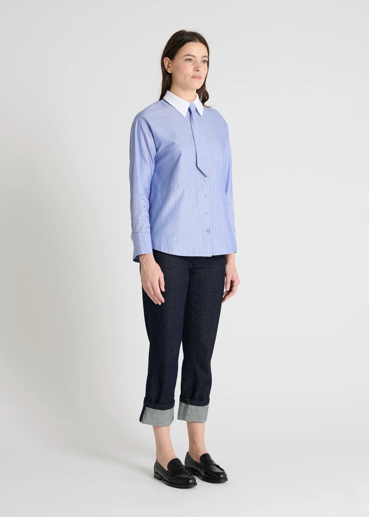 blue pinstripe shirt with a tie and contrasting white collar model shot