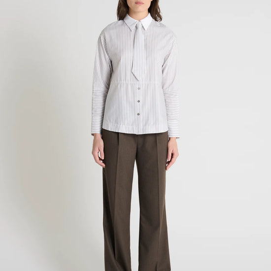 grey pinstripe shirt with a tie and contrasting white collar model shot