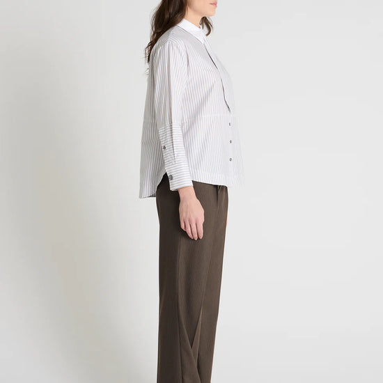 grey pinstripe shirt with a tie and contrasting white collar side view