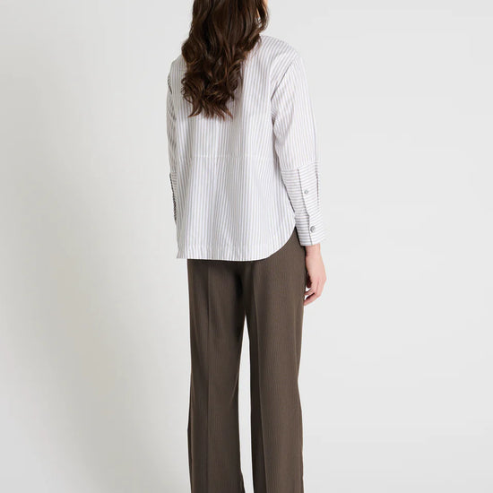 grey pinstripe shirt with a tie and contrasting white collar rear view