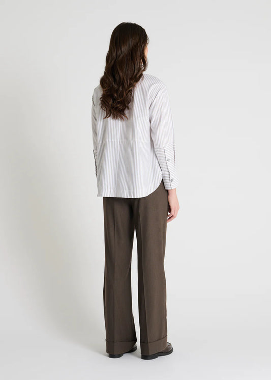 grey pinstripe shirt with a tie and contrasting white collar rear view