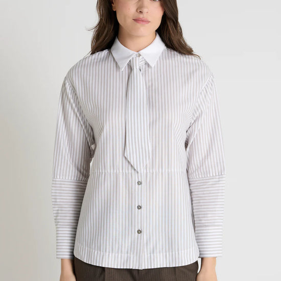 grey pinstripe shirt with a tie and contrasting white collar
