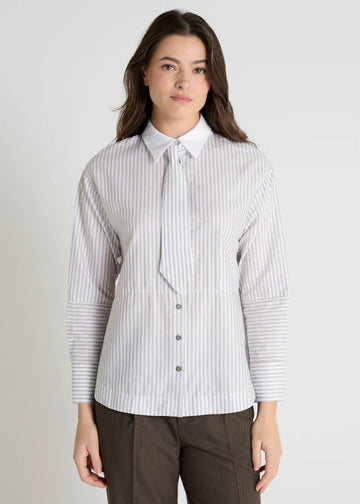 grey pinstripe shirt with a tie and contrasting white collar
