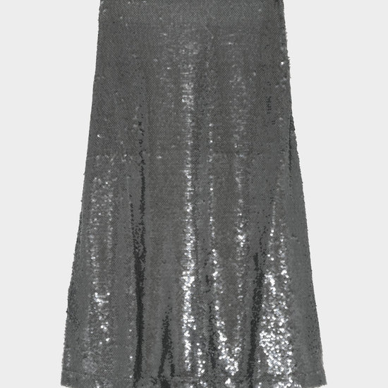 Silver sequin skirt on a light gray background