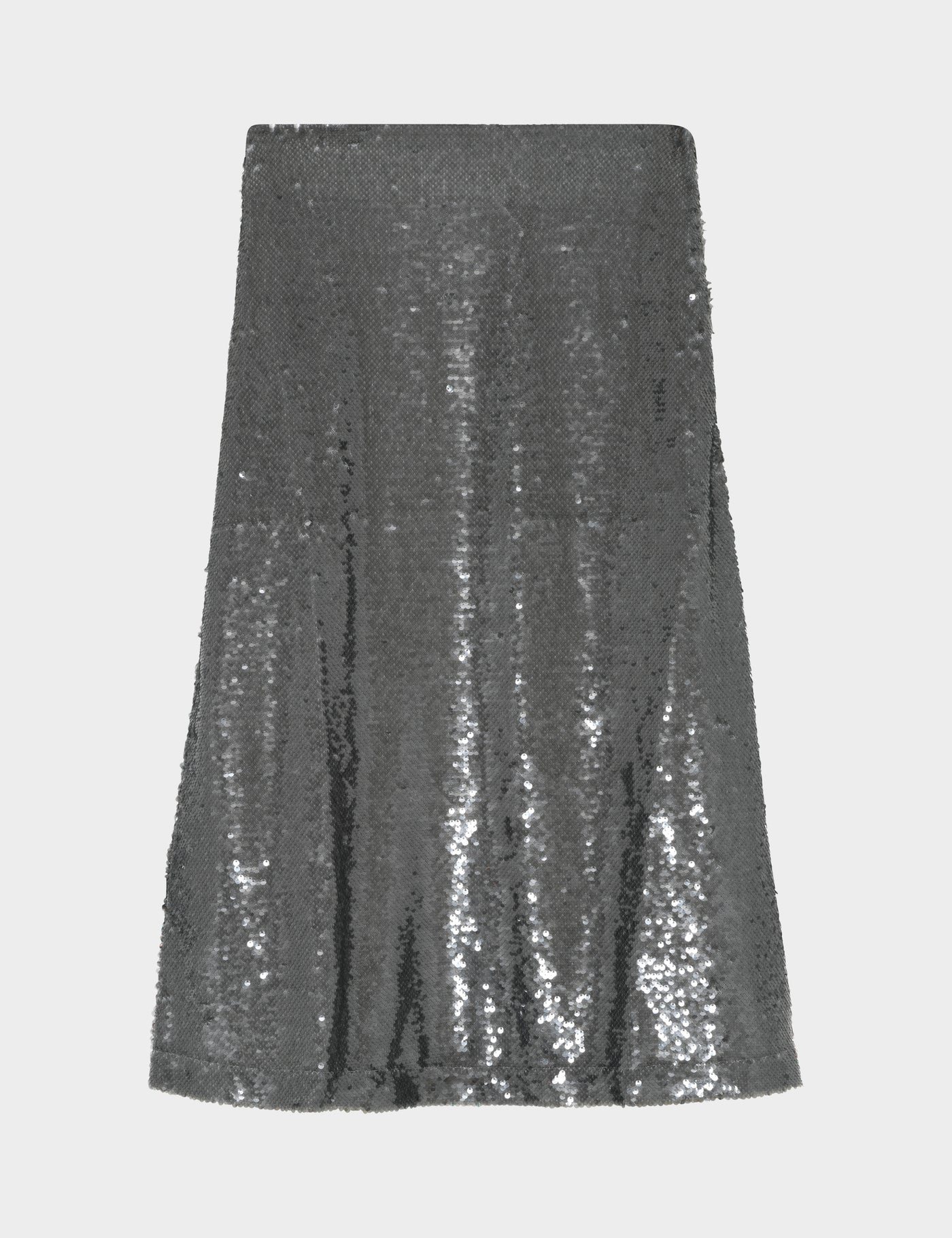 Silver sequin skirt on a light gray background