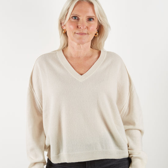 V neck cashmere knit with drop shoulder on model