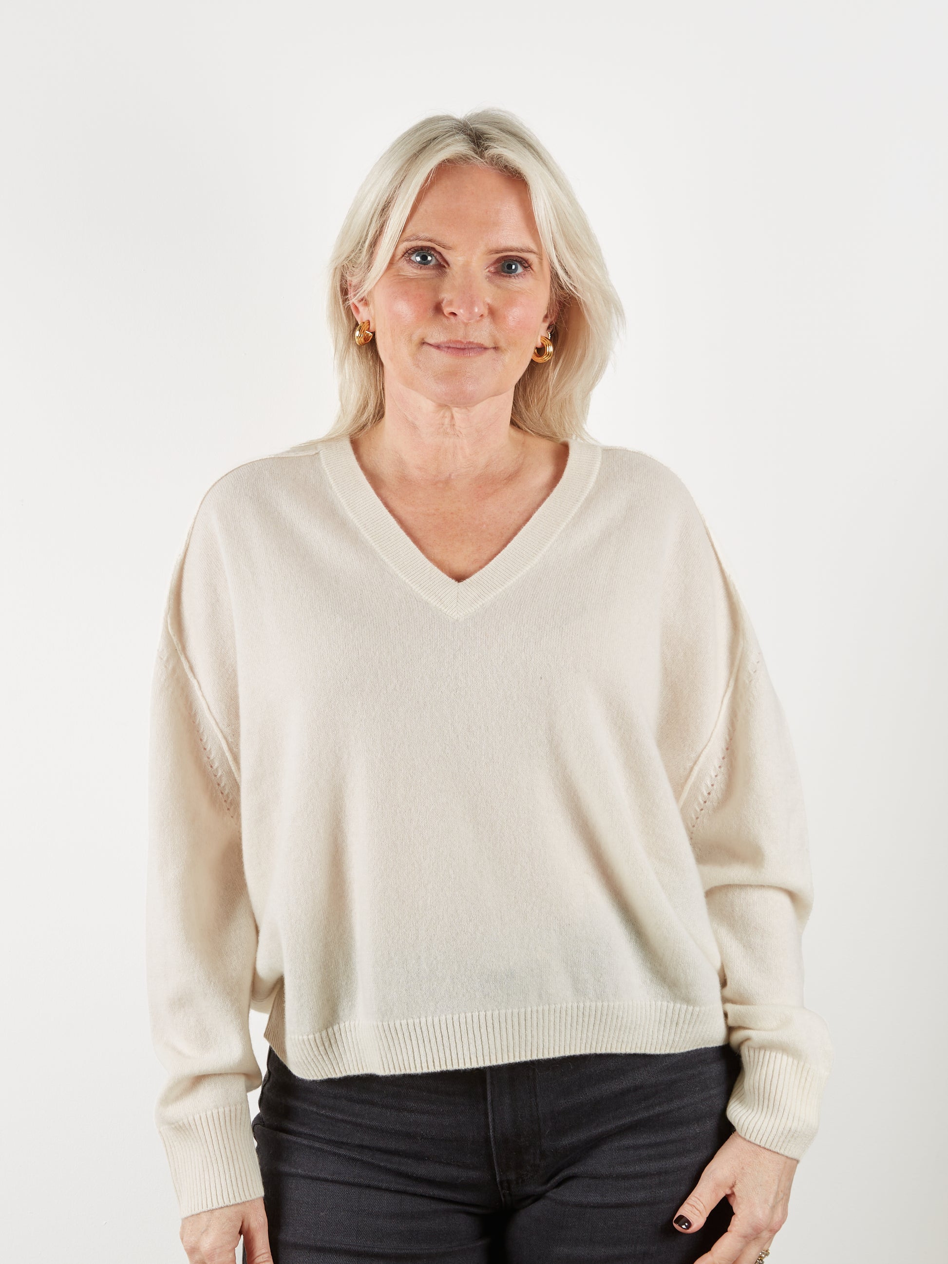 V neck cashmere knit with drop shoulder on model