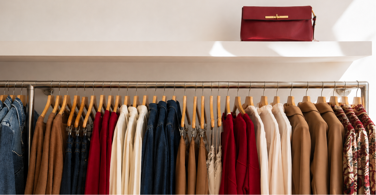A styled closet scene with a metal clothing rack holding many garments in brown, cream, red, navy, and floral prints, beneath a white shelf with a burgundy handbag resting on it.