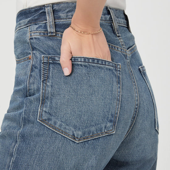 Close up of rear pocked on Sawyer vintage inspired high rise jean