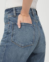 Close up of rear pocked on Sawyer vintage inspired high rise jean