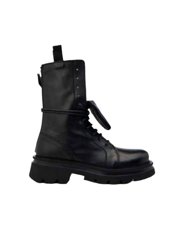 Black chunky military style boot with lace up front and zip back