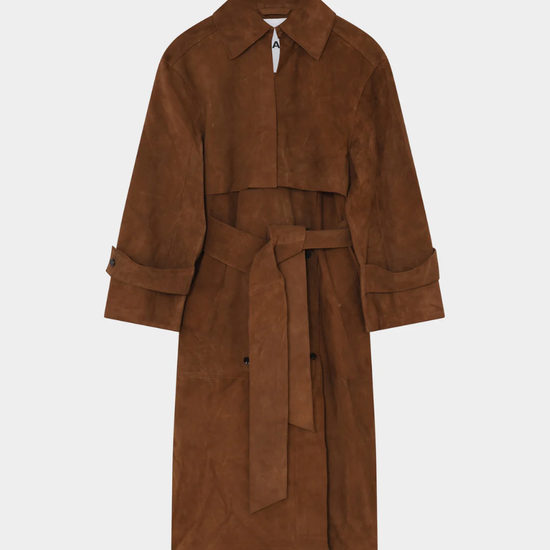 brown suede trench coat with belted tabs on cuffs from day birger