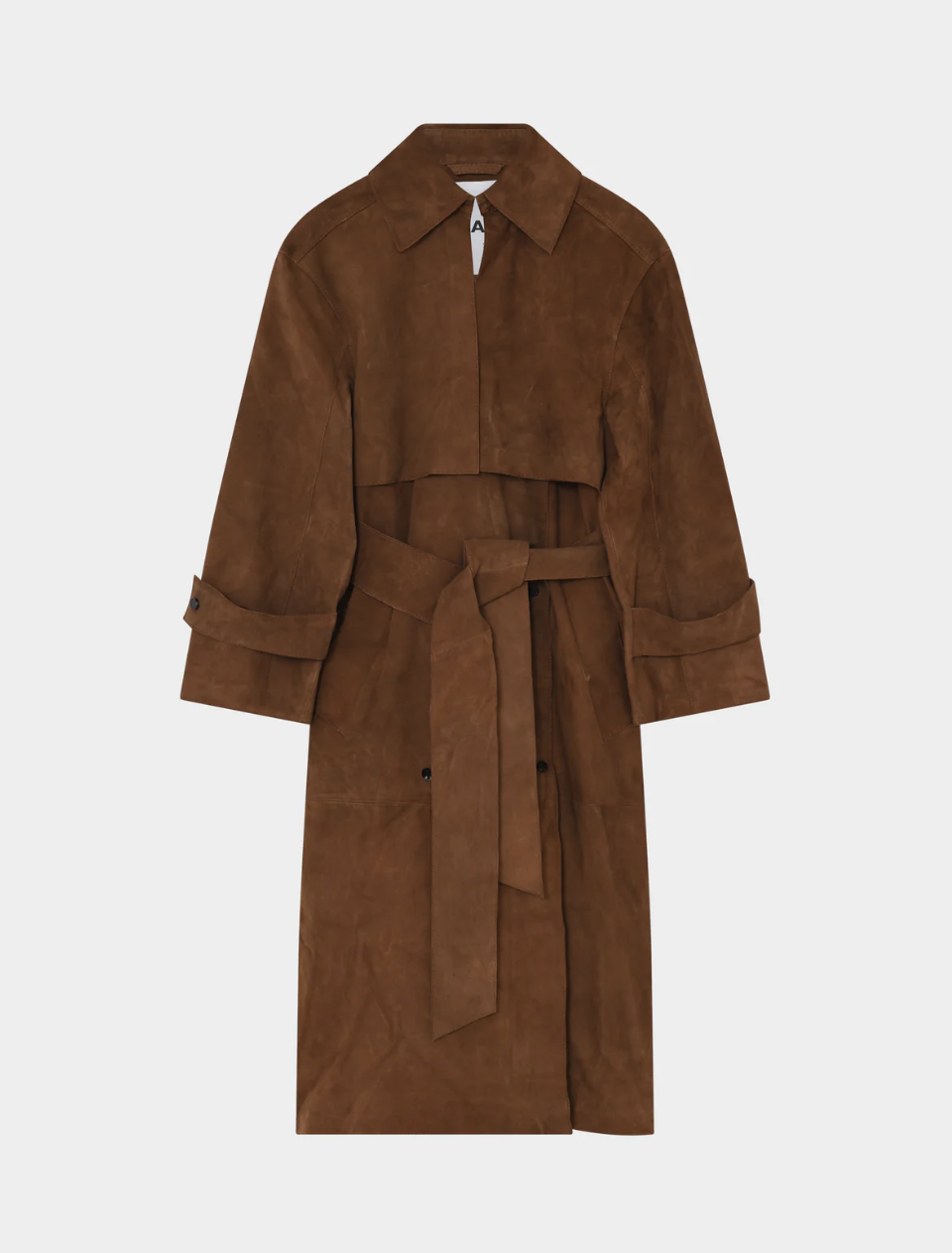 brown suede trench coat with belted tabs on cuffs from day birger