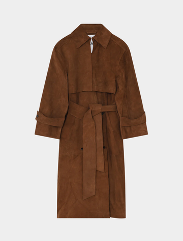 brown suede trench coat with belted tabs on cuffs from day birger