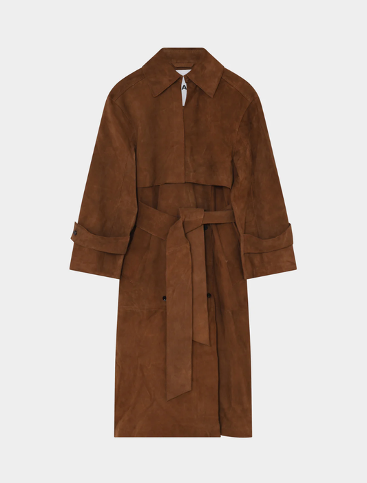 brown suede trench coat with belted tabs on cuffs from day birger