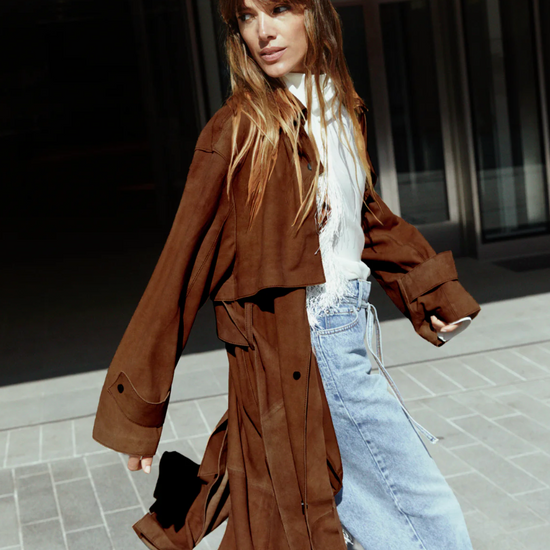brown suede trench coat with belted tabs on cuffs from day birger model shot