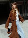 brown suede trench coat with belted tabs on cuffs from day birger model shot