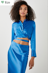 Cobalt blue satin like cropped shirt with classic collar long sleeves and a tie detail at the waist