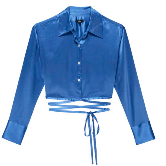 Cobalt blue satin like cropped shirt with classic collar long sleeves and a tie detail at the waist