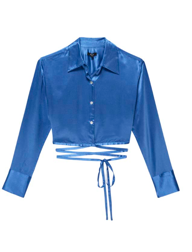 Cobalt blue satin like cropped shirt with classic collar long sleeves and a tie detail at the waist