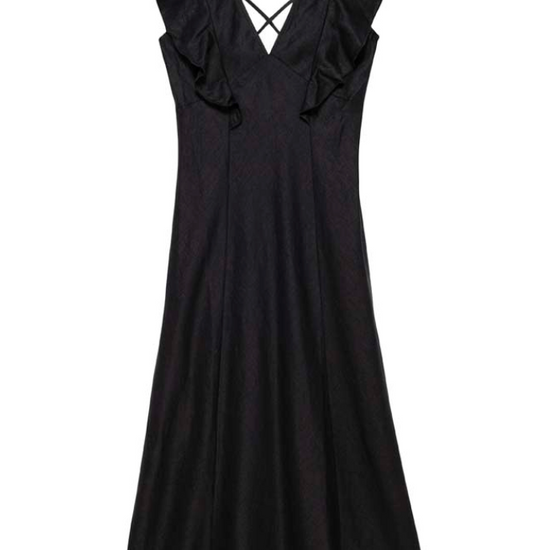 Black Linen dress with tie detail at the back and small ruffle at the shoulderBlack dress with v neck and frills 