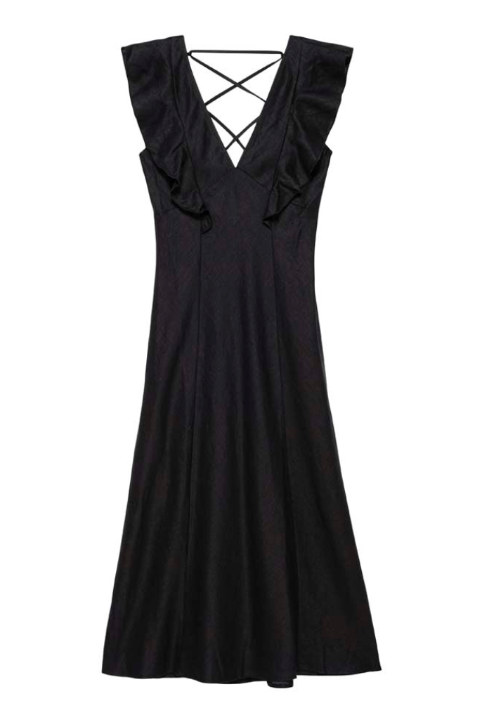 Black Linen dress with tie detail at the back and small ruffle at the shoulderBlack dress with v neck and frills 