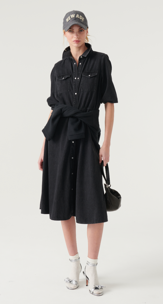 Button through western style shirt dress with a classic collar and elbow length sleeves in black denim