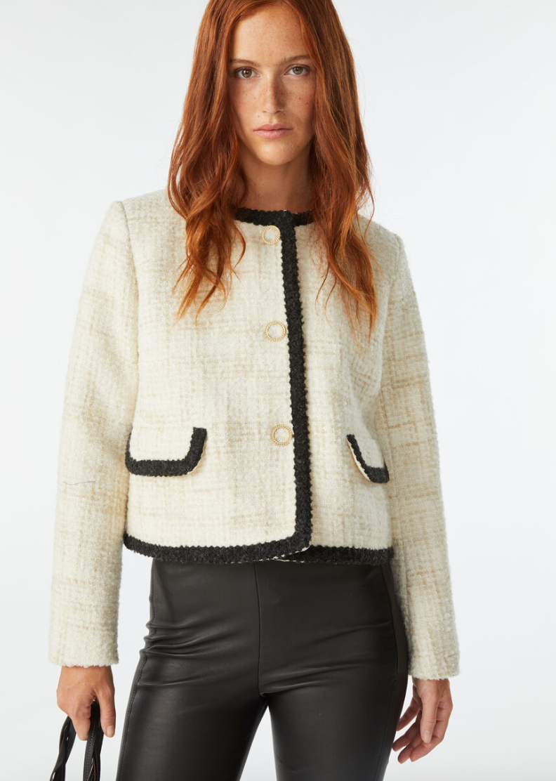 Boucle jacket with a round neck and contrast trim and gold toned popper fastening