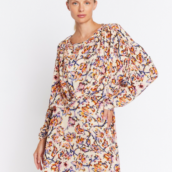 Cream batwing short dress with elasticated waist and blue pink and orange floral print