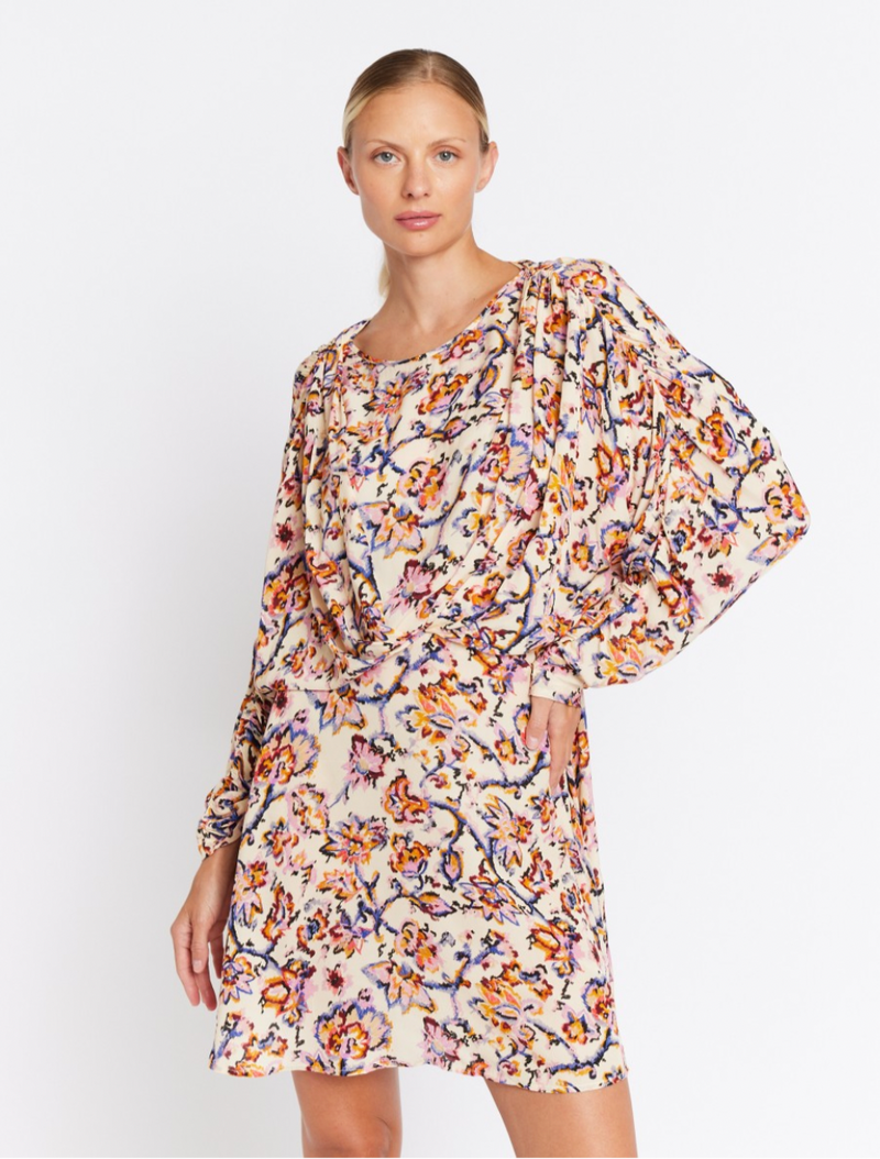 Cream batwing short dress with elasticated waist and blue pink and orange floral print